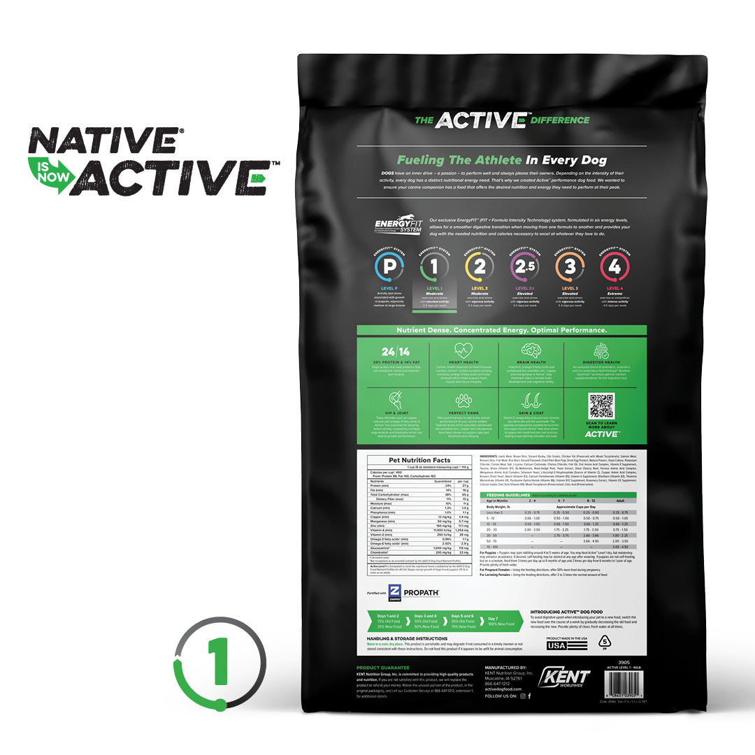 Active Level 1 dog food bag, back