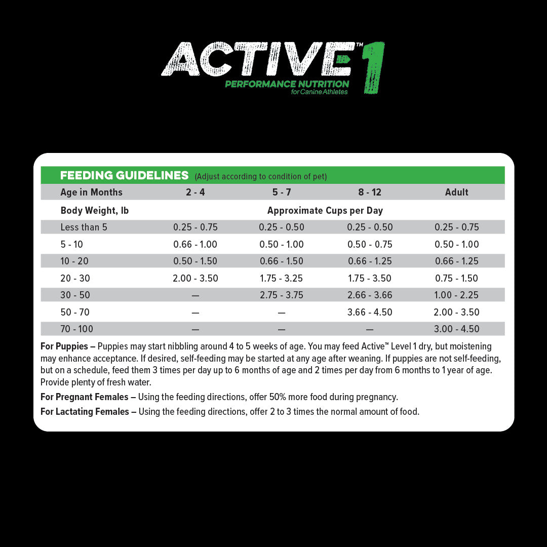 Active Level 1 feeding guidelines chart