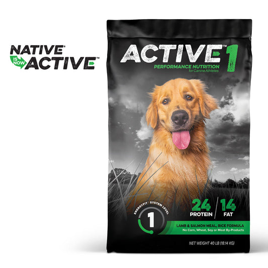 Active Level 1 performance dog food bag, front