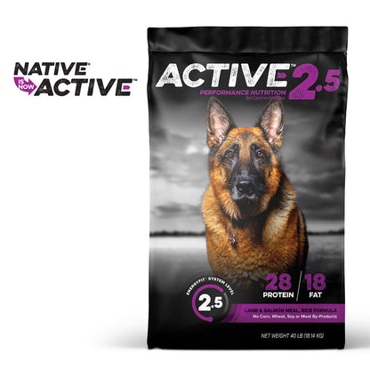 Active Level 2.5 performance dog food bag, front