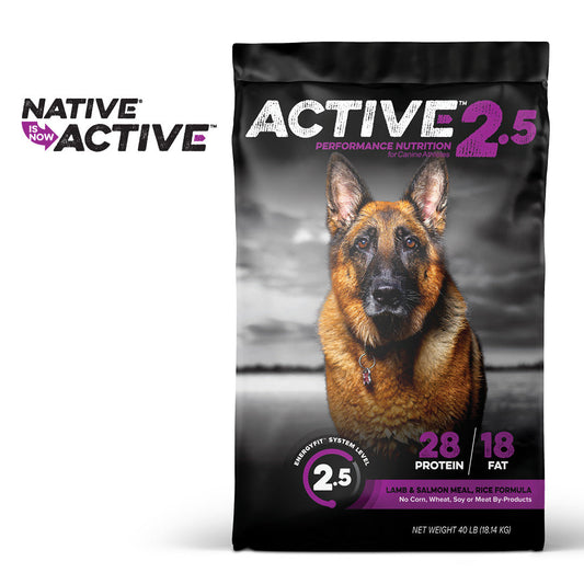 Active Level 2.5 performance dog food bag, front