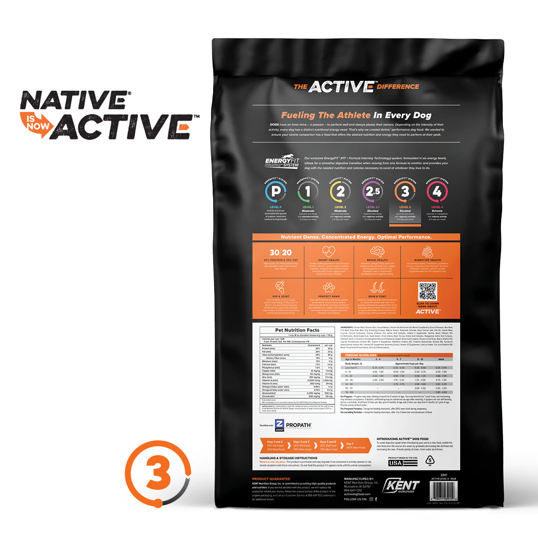 Active Level 3 dog food bag, back