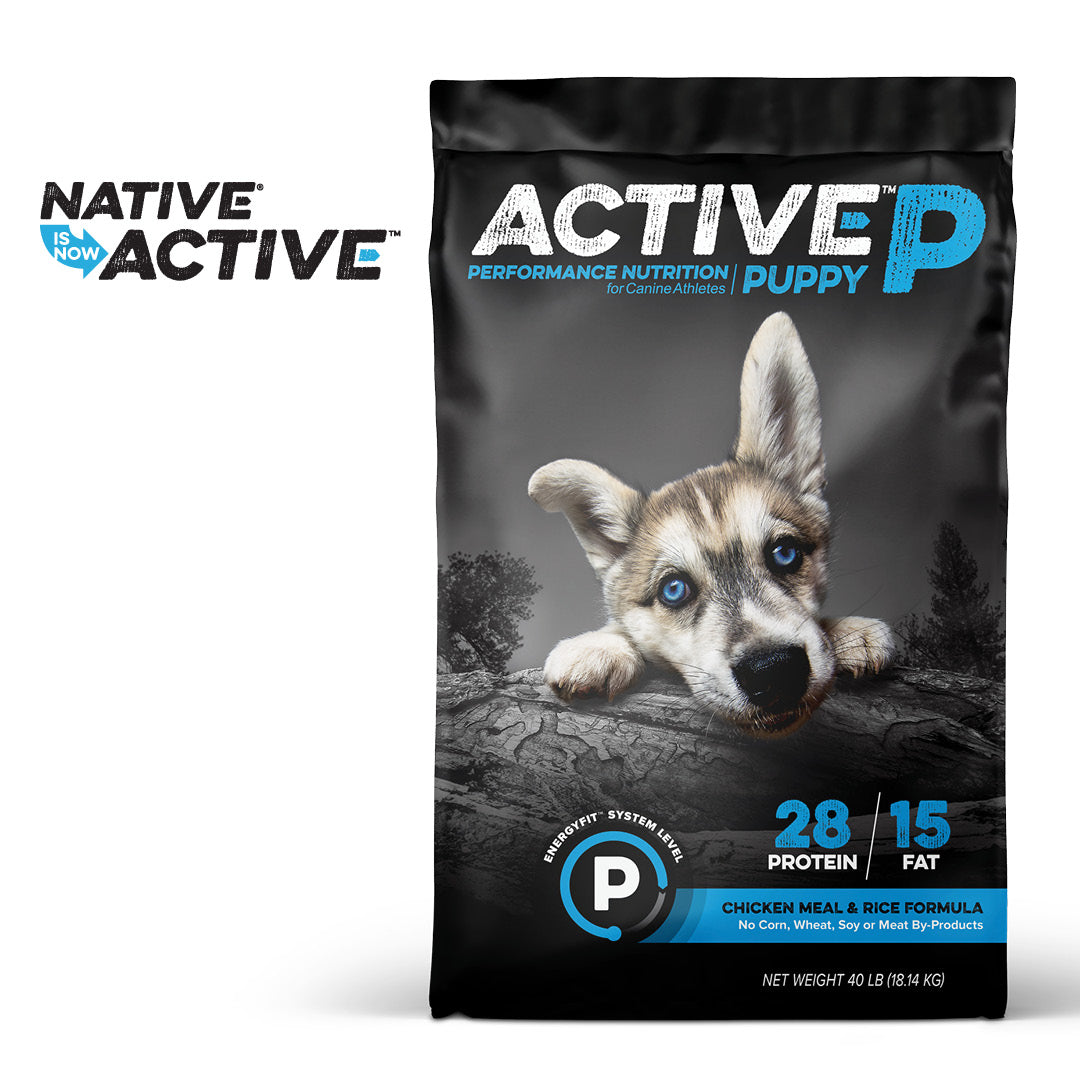 Active Puppy performance dog food bag, front